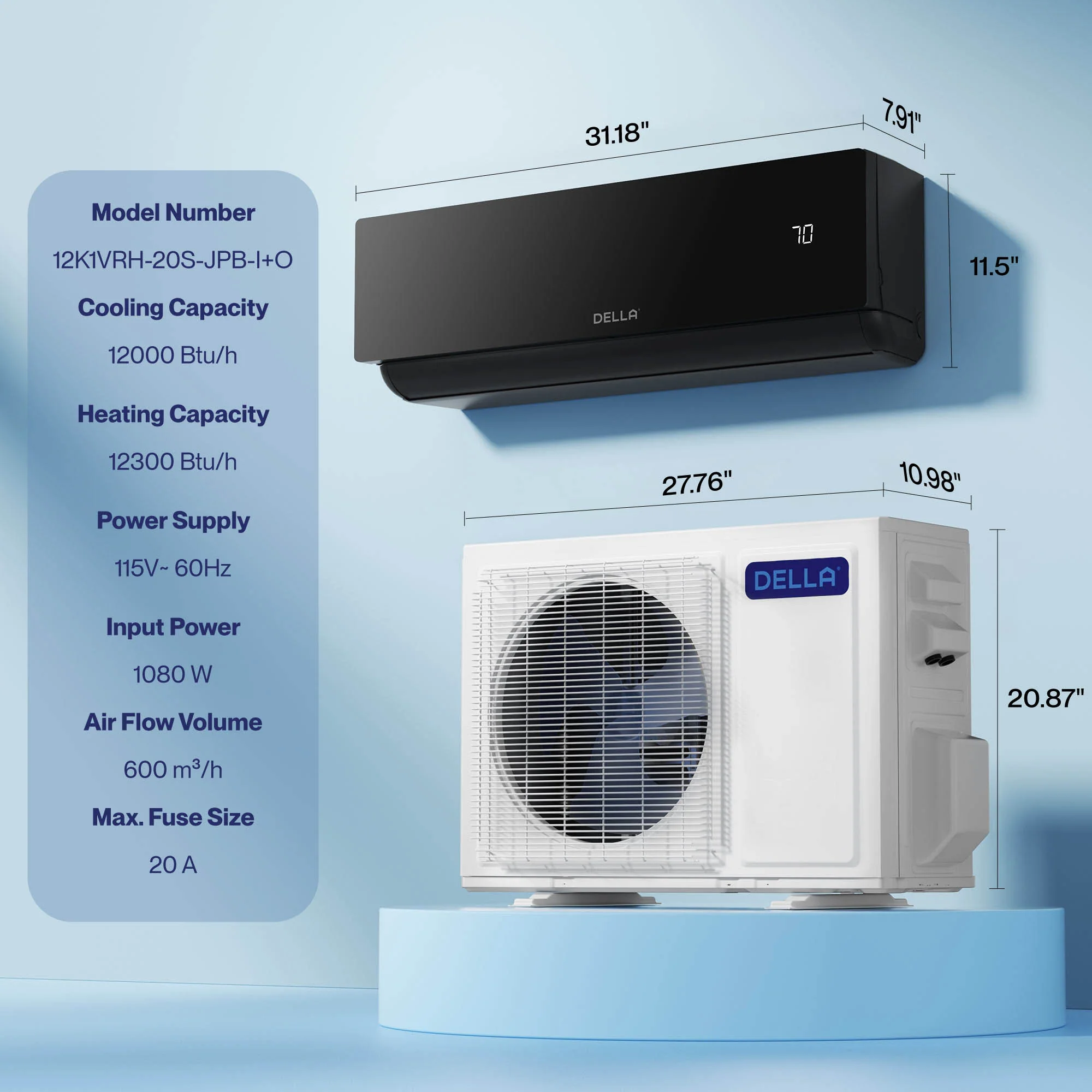DELLA Umbra Series 12000 BTU 20 SEER2 Mini Split Heat Pump AC - 115V, Up to 550 Sq.Ft. - Image 9
